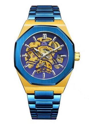 Часы наручные gusto skeleton  blue-gold
