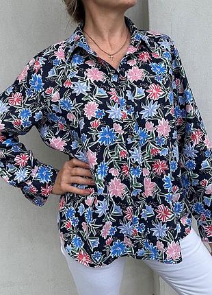 Льняная рубашка m&s женская темно синяя с цветочным принтом 48-52 новая