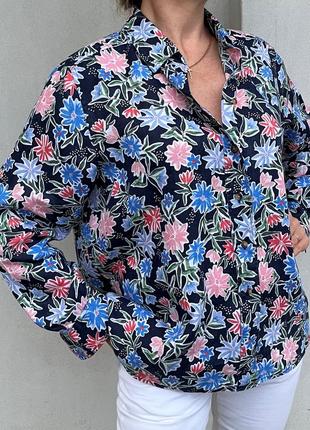 Льняная рубашка m&s женская темно синяя с цветочным принтом 44-48 новая8 фото