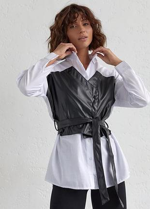 Женская рубашка с вставкой из экокожи berne - белый цвет, s (есть размеры)