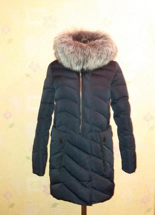 Хіт зими куртка подовжена з натуральним хутром чорнобурки