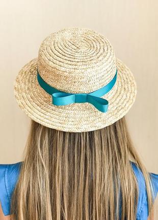 Соломенная шляпа канотье с бирюзовой лентой2 фото