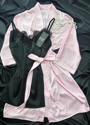 Атласный комплект для дома халат с кружевом+пеньюар атлас шелк,красивая домашняя одежда4 фото