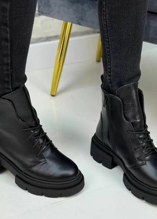 Стильные женские ботинки натуральная кожа шнуровка цвет черный размер 38 (24,5 см) (50400)