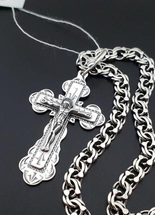 Комплект! мужская серебряная цепочка и ажурный крестик. мужская цепь серебро и кулон 925
