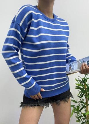 Женский теплый свитер, хорошо тянется, синий в белую полоску4 фото