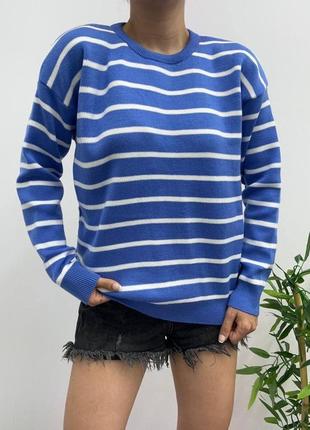 Женский теплый свитер, хорошо тянется, синий в белую полоску3 фото