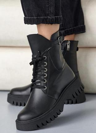Ботинки женские зимние черные натуральная кожа на шнурках и молнии1 фото