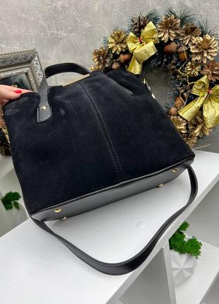 Чорна велика жіноча сумка на три відділення з натуральної замші5 фото