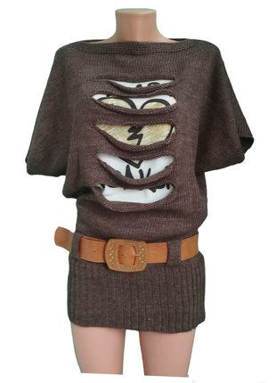 Туніка в'язана з поясом коричнева подовжена желетка з рукавом кажана туреччина