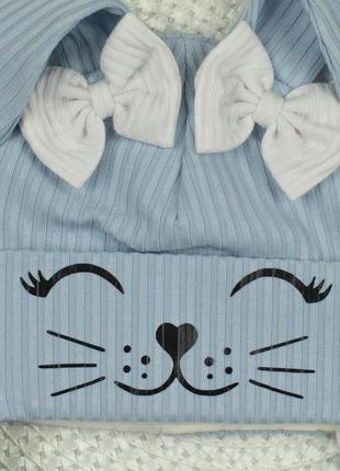 Шапка для новонародженого зайка з бантами та вушками (0-3, 3-6  міс) блакитна3 фото