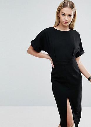 Черное платье миди с разрезом  размер 14-16