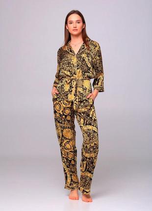 Піжамний костюм kaiza двійка жакет+штани золотий принт  xl (42) еко-шовк