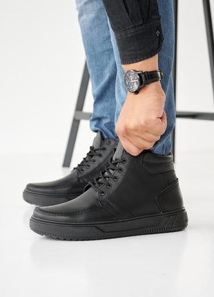 Стильные зимние мужские ботинки черные,натуральная шерсть+кожа, кожаные, логовая обувь на зиму5 фото
