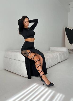 Комплект (юбка с разрезом на завязках +топ)🖤