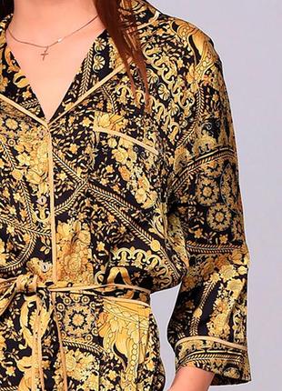 Піжамний костюм kaiza двійка жакет+штани золотий принт  xs(34) еко-шовк3 фото