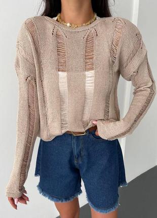 Трендовая рваная кофточка свободного прямого кроя свитер коттоновый оверсайз1 фото