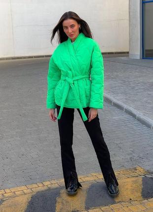 Стеганая осенняя куртка с поясом на силиконе 150, куртка демисезонная женская деми в стиле бренда1 фото