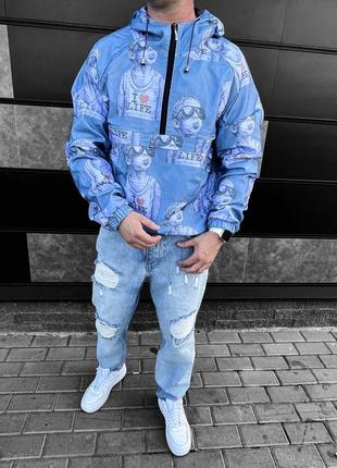Синя чоловіча куртка анорак з принтами2 фото