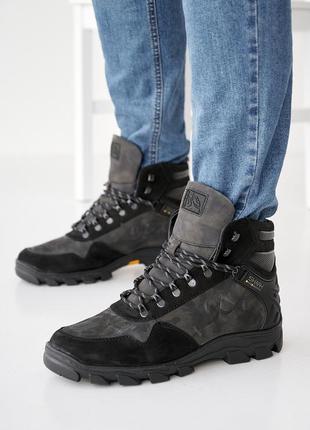 Стильные темно-серые зимние ботинки мужские, подкладка шерсть, кожаные/кожа-мужская обувь на зиму