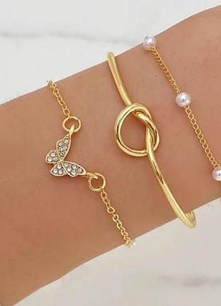 Набор из 3-х стильных браслетов, комплект браслетиков, украшение, подарок, золото, браслет