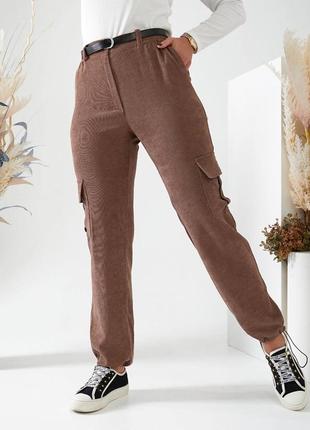 Женские брюки карго штаны вельветовые батал черные серые коричневые бежевые с карманами