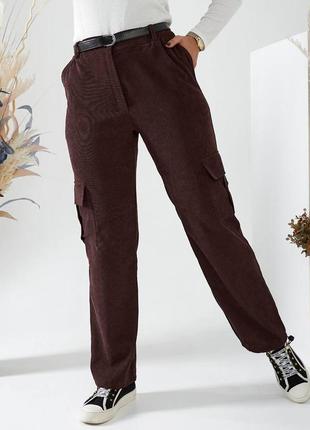 Женские брюки карго штаны вельветовые батал черные серые коричневые бежевые с карманами3 фото