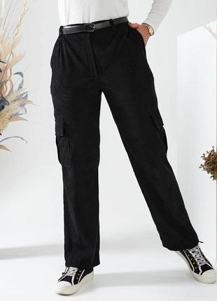 Женские брюки карго штаны вельветовые батал черные серые коричневые бежевые с карманами9 фото