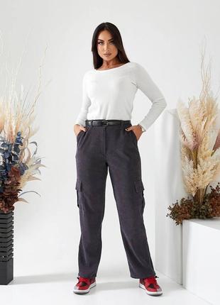 Женские брюки карго штаны вельветовые батал черные серые коричневые бежевые с карманами8 фото