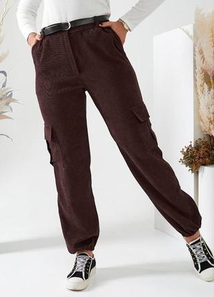 Женские брюки карго штаны вельветовые батал черные серые коричневые бежевые с карманами5 фото