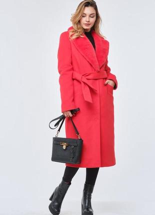 Пальто с мехом норки, женское пальто с норкой, пальто красное1 фото