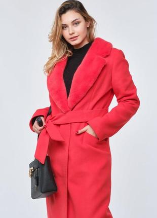 Пальто с мехом норки, женское пальто с норкой, пальто красное2 фото