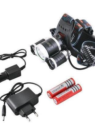 Ліхтарик налобний ліхтар 3 led лампи bailong rj 3000 t6 із зарядним пристроєм та акумуляторами (006142)2 фото