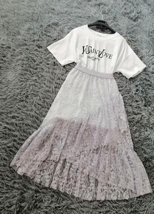 Костюм сукня футболка і спідниця міді прозора мереживо гіпюр ніжно бузкового кольору   платье  юбка8 фото