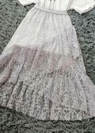 Костюм сукня футболка і спідниця міді прозора мереживо гіпюр ніжно бузкового кольору   платье  юбка2 фото