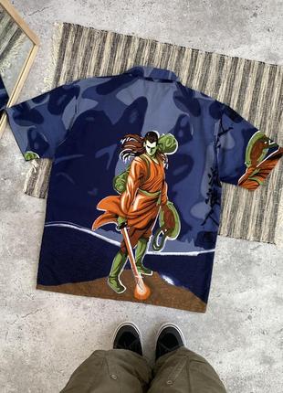 Vintage anime japanese y2k hawaiian shirt винтаж мужская гавайка аниме синяя в японском стиле сорочка авангард с коротким рукавом тенниска размер xl2 фото