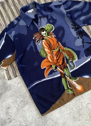 Vintage anime japanese y2k hawaiian shirt винтаж мужская гавайка аниме синяя в японском стиле сорочка авангард с коротким рукавом тенниска размер xl6 фото