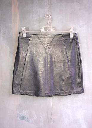 Металлик юбка, серебряная, серебро, zara, кожаная юбка, эко кожа, футуристическая мини3 фото