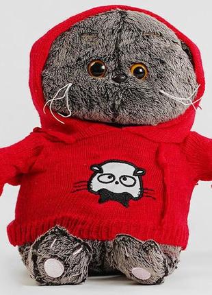 Кот басик в красном свитере вязанном с капюшоном  плюшевый котик мягкая игрушка высотой 35 см