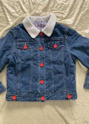 Стильный джинсовый пиджак джинсовка с меховым воротником на синтепоне ladybird на 8-9 лет2 фото