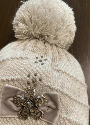 Зимова шапочка з помпоном, шапочка для дівчинки на зав'язках вовняна, шапочка туреччина, шапка флісова з прикрасою, шапочка на зав'язках2 фото