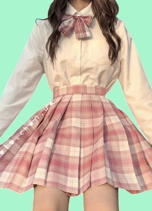 Японская плиссированная юбка в клеточку  с бантиком корейская сиреневая  бордовая розовая аниме