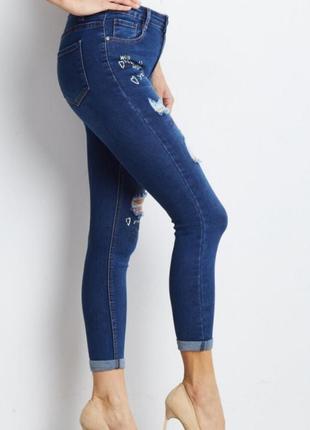 Женские джинсы скинни рваные с высокой посадкой укороченные синие factory price , стрейч размер м4 фото