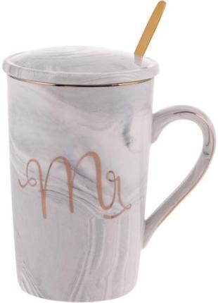 Кружка фарфоровая coffee prelude "mr" 420мл с крышкой и ложкой, серый мрамор1 фото