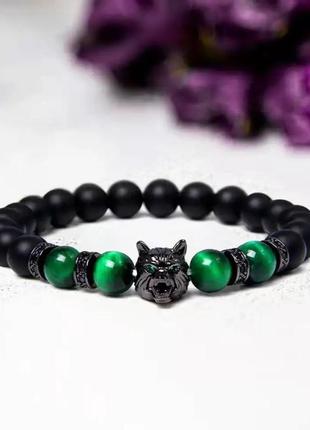 Браслет чоловічий із шунгіту із вставкою зеленого каміння та голови вовка