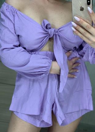 Фиолетовый костюм из льна с шортами1 фото