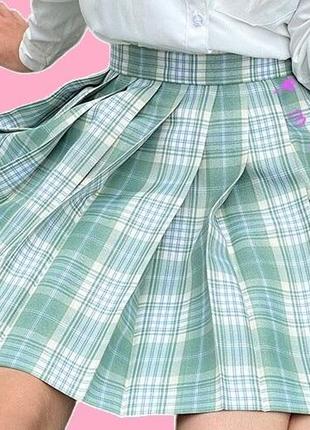 Японская плиссированная юбка в клеточку  корейская салатовая зеленая косплей аниме2 фото