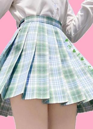 Японская плиссированная юбка в клеточку  корейская салатовая зеленая косплей аниме