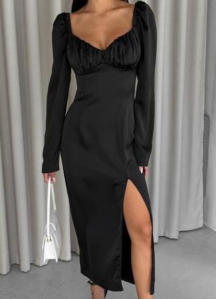 Платье сатин черная макси длина с длинным рукавом черная