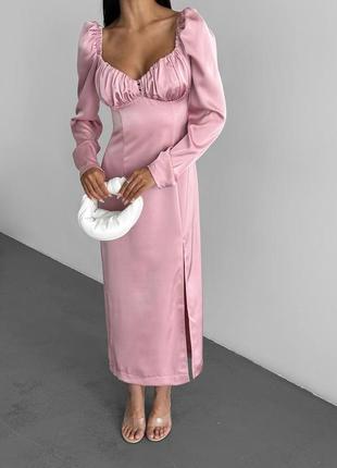 Сукня сатин рожева довгий рукав довжина максі1 фото